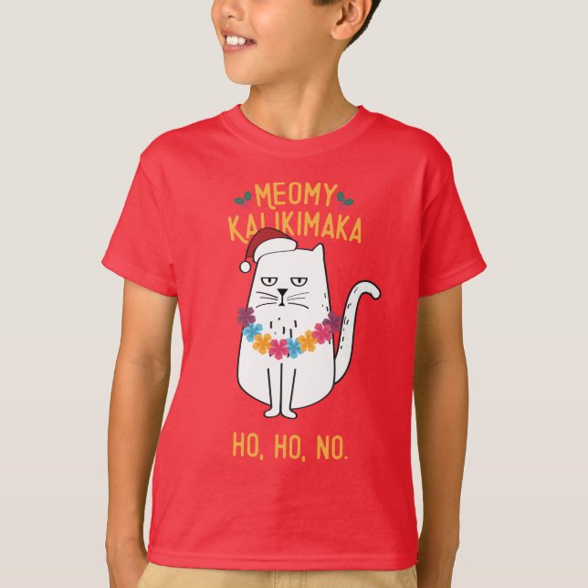 Meowy Kalikimaka Funny Cat Santa Hat Christmas T-Shirt (Front)