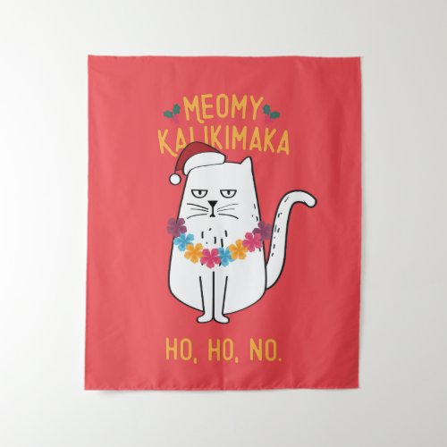 Meowy Kalikimaka Funny Cat Santa Hat Christmas Tapestry
