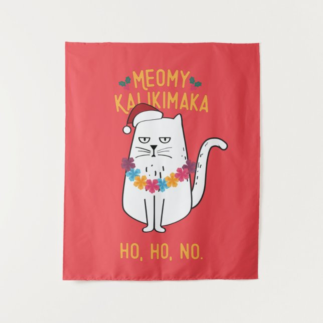 Meowy Kalikimaka Funny Cat Santa Hat Christmas Tapestry (Front)