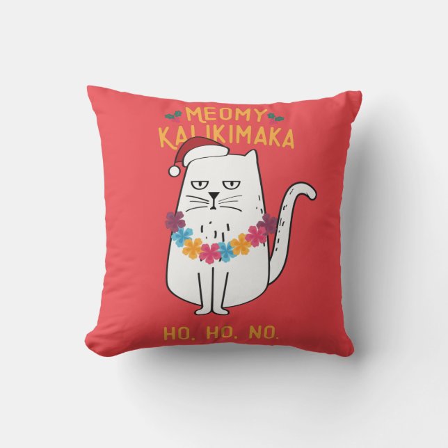 Meowy Kalikimaka Funny Cat Santa Hat Christmas Throw Pillow (Front)