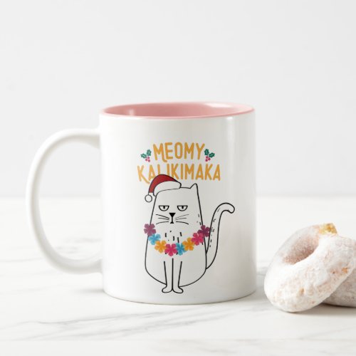 Meowy Kalikimaka Funny Cat Santa Hat Christmas Two_Tone Coffee Mug