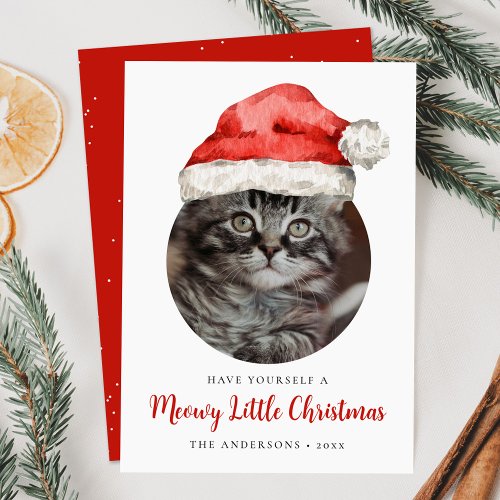 Meowy Little Christmas Santa Hat Cat Photo Holiday Card