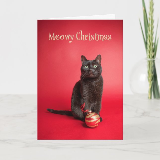 Meowy (Merry) Christmas Cat With Ornament Humor Holiday Card (Front)
