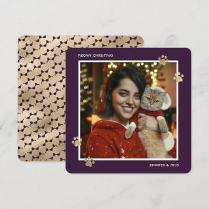 Meowy Purple Gold Cat Owner Modern Photo Holiday Card