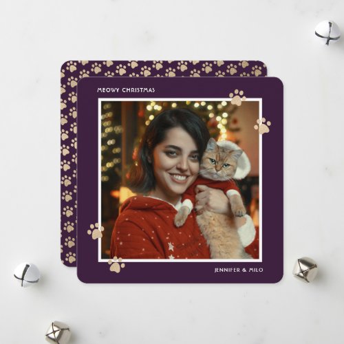 Meowy Purple Gold Cat Paws Photo Holiday Card