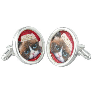 Meowy Santa Cat Christmas Cufflinks