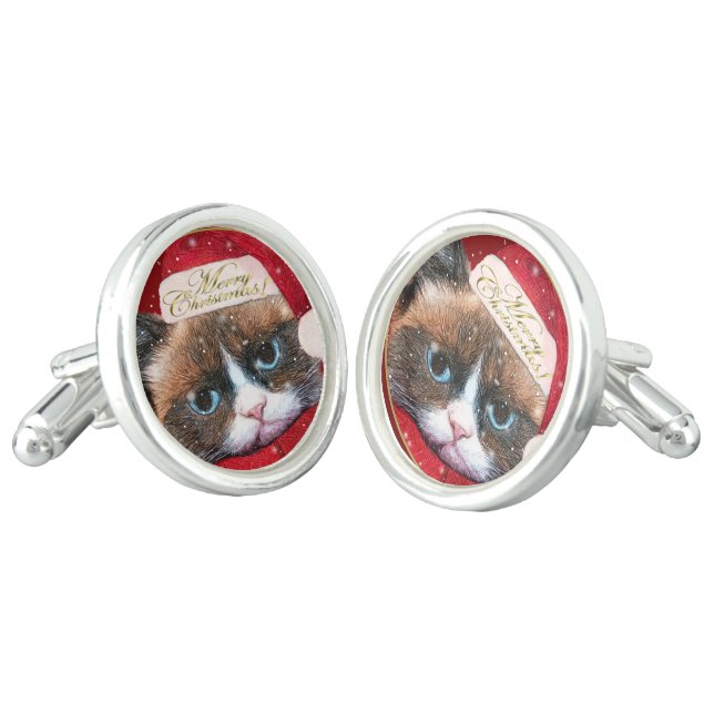 Meowy Santa Cat Christmas Cufflinks (Angled)