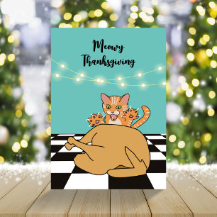 Meowy Thanksgiving Funny Cat Turkey Cartoon Holiday Card