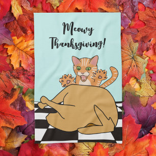 Meowy Thanksgiving Funny Cat Turkey Cartoon Kitchen Towel