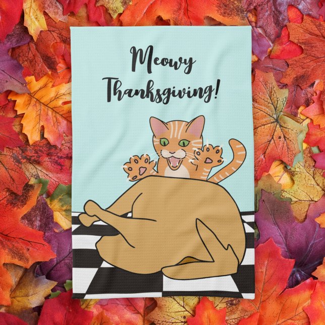 Meowy Thanksgiving Funny Cat Turkey Cartoon  Kitchen Towel (Creator Uploaded)