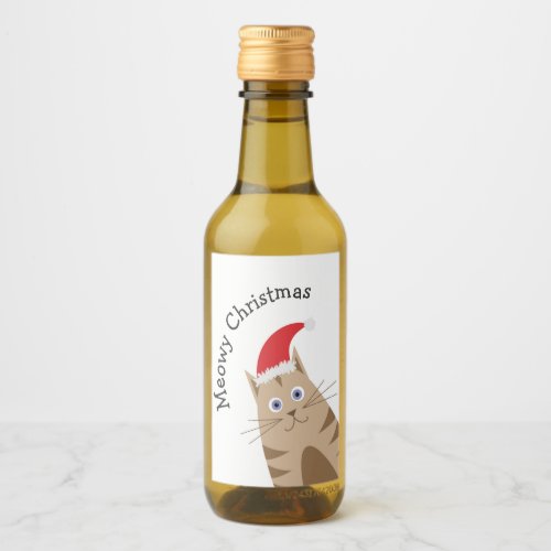 Meowy Xmas funny cat wears santa hat Wine Label