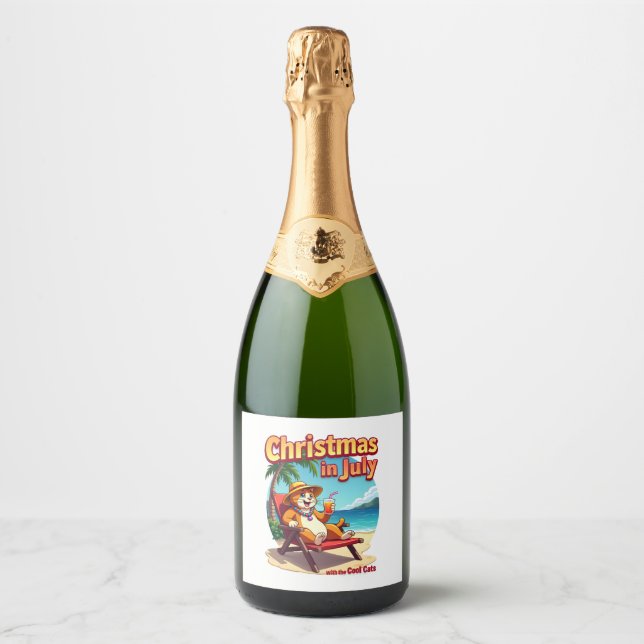 Meowy Xmas Summer Christmas In July Chillin Cool C Sparkling Wine Label (Front)