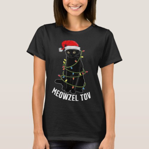 Meowzel Tov Black Cat Hanukkah Christmas Lights Ca T_Shirt