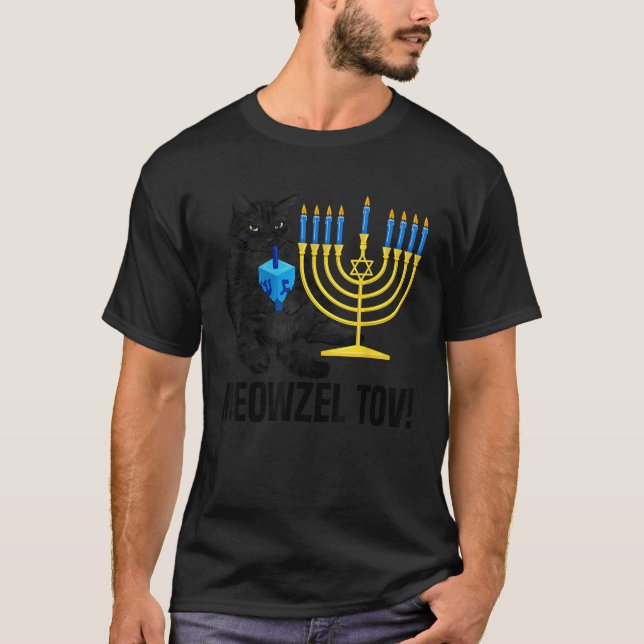 Meowzel Tov Black Cat Menorah Dreidel Hanukkah Cha T-Shirt (Front)
