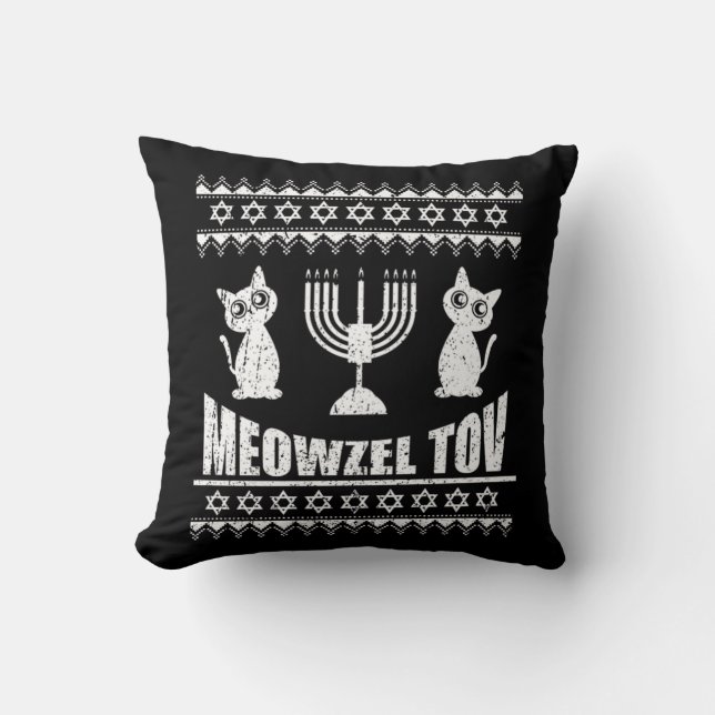 Meowzel Tov Chanukah Jewish Cat Owner Hanukkah Throw Pillow (Front)