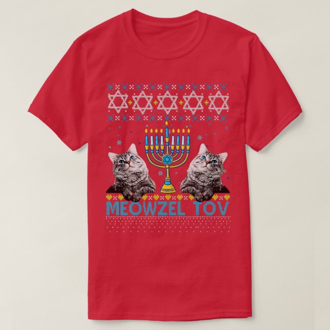 Meowzel Tov Chanukah Jewish Cat Owner Ugly Hanukka T-Shirt (Design Front)