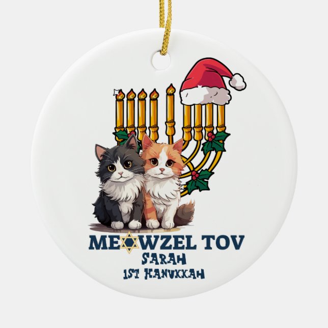 Meowzel Tov Cute Happy Hanukkah Ceramic Ornament (Front)