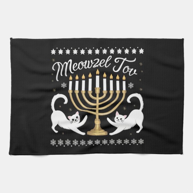 Meowzel Tov Funny Chanukah Hanukkah Ugly Sweater Kitchen Towel (Horizontal)