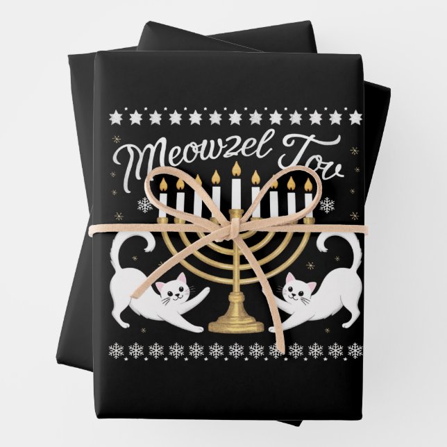 Meowzel Tov Funny Chanukah Hanukkah Ugly Sweater Wrapping Paper Sheets (In situ)