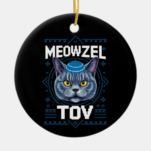 Meowzel Tov Hanukkah Jewish Cat Holiday Ceramic Ornament (Front)