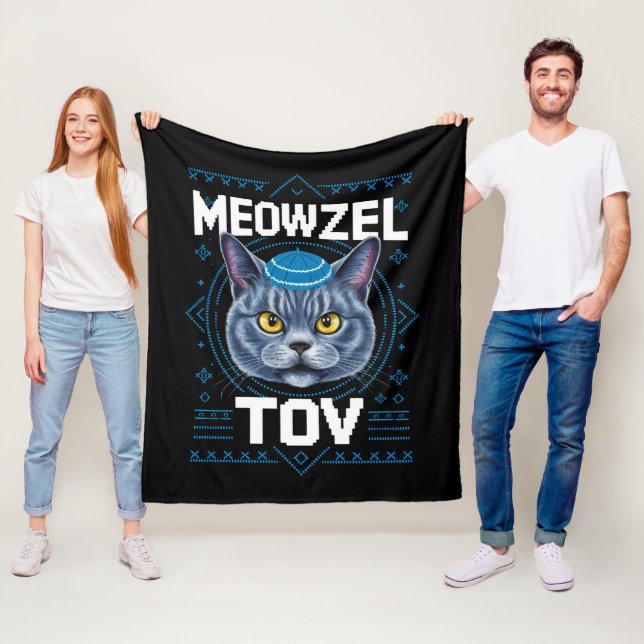 Meowzel Tov Hanukkah Jewish Cat Holiday Fleece Blanket (In Situ)