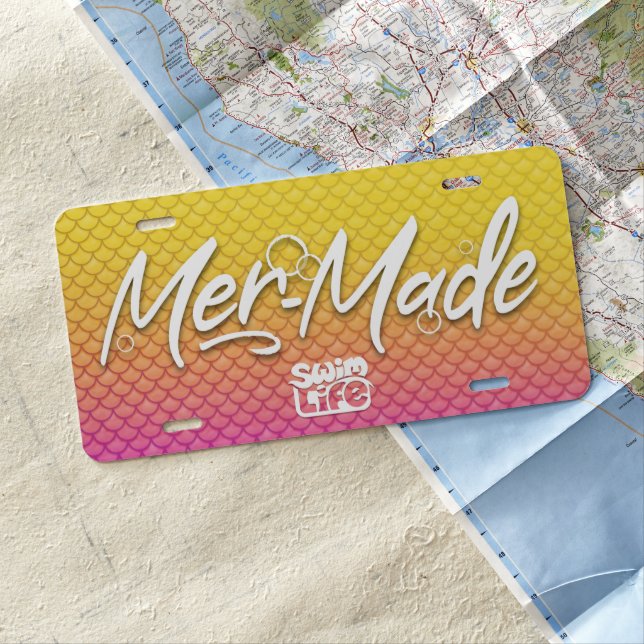 "Mer-Made" Yellow/Pink Scales Swim Life License Plate (In Situ)