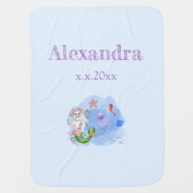 Mercat light blue mermaid cat custom name baby blanket (Front)