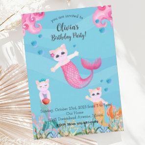 Mercat Mermaid Cat Birthday Party Invitation
