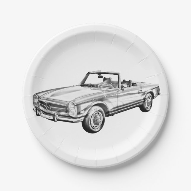 Mercedes Benz 280 SL Convertible Car Illustration Paper Plates (Front)