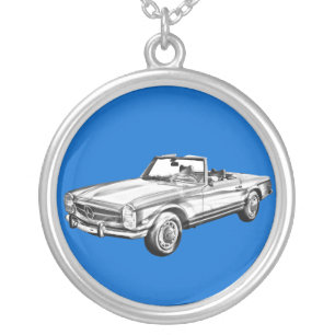 Mercedes Benz 280 SL Convertible Illustration Silver Plated Necklace