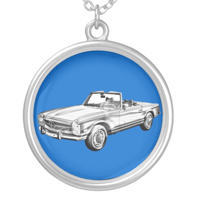 Mercedes Benz 280 SL Convertible Illustration Silver Plated Necklace (Front)