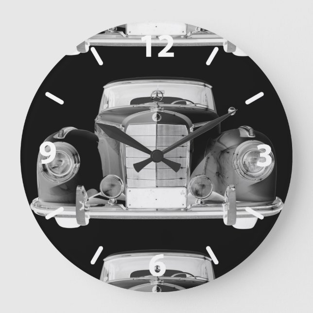 Mercedes Benz 300 Luxury Black and White Car Art Large Clock (Front)