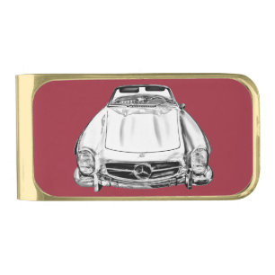 Mercedes Benz 300 SL Convertible Car Illustration Gold Finish Money Clip