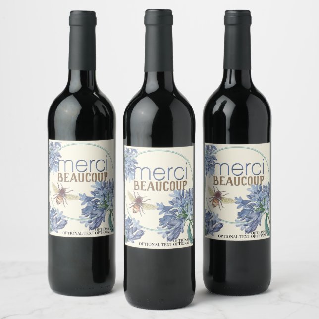 Merci Beaucoup Blue Flower Bee Thank You Custom Wine Label (Bottles)