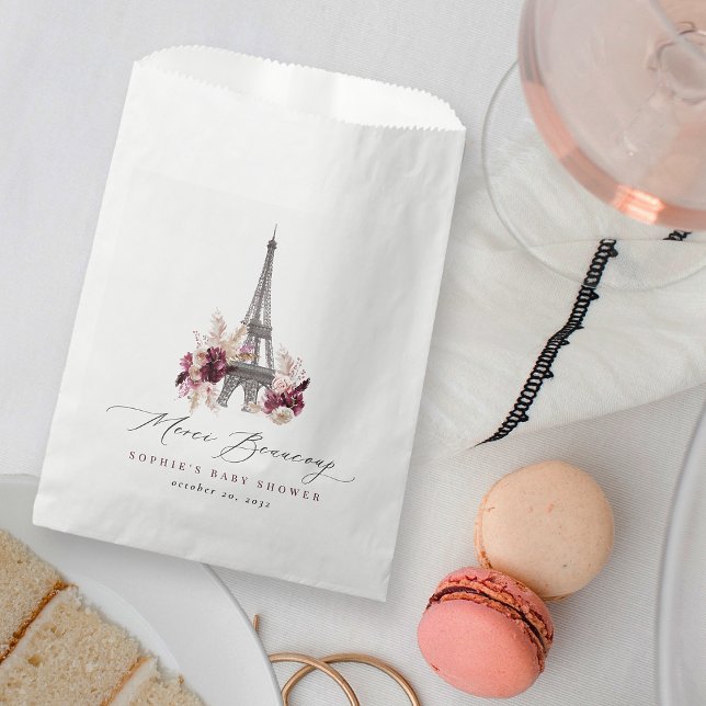 Merci Beaucoup Burgundy Floral Paris Baby Shower Favor Bag (Creator Uploaded)
