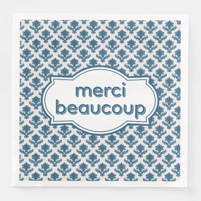 Merci Beaucoup Elegant French Tapestry Blue White Paper Dinner Napkins (Front)