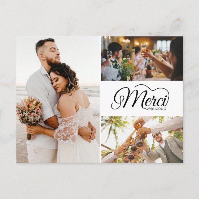 Merci Beaucoup Three Photo Elegant Wedding Invitation Postcard (Front)
