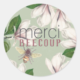 Merci Beecoup Thank You Magnolia and Bee Green Cla Classic Round Sticker