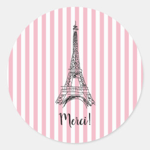 Merci Eiffel Tower Paris Pink Stripe Classic Round Sticker