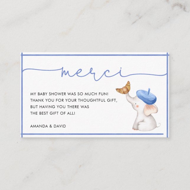 Merci French Blue Boy Baby Shower Thank You Card  (Front)