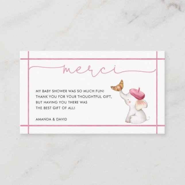 Merci French Pink Girl Baby Shower Thank You Card  (Front)