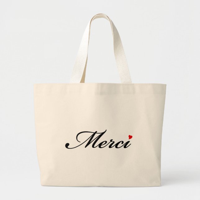 Merci, French word art with red heart Large Tote Bag (Front)