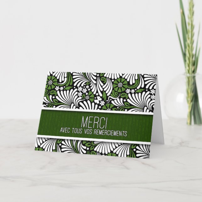 Merci Green and White Fern Blank French Thank You Card (Front)