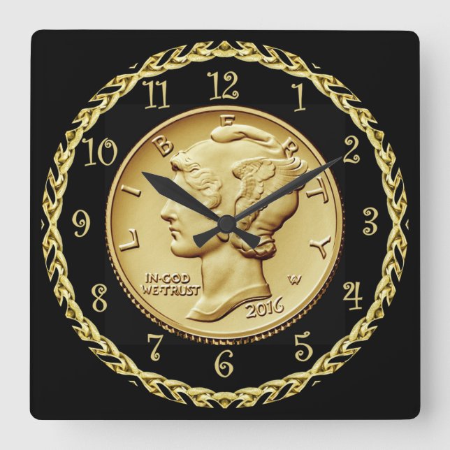 Mercury Dime Centennial Gold Coin Image ~  Square Wall Clock (Front)