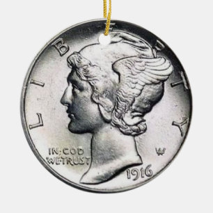 Mercury Dime Money Ornament. Ceramic Ornament