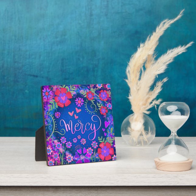 Mercy Blue Pink Purple Inspirational Floral Pretty Plaque (Insitu)
