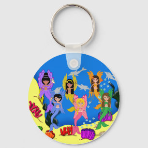 Merfairies in Ocean with Dolphins Keychain