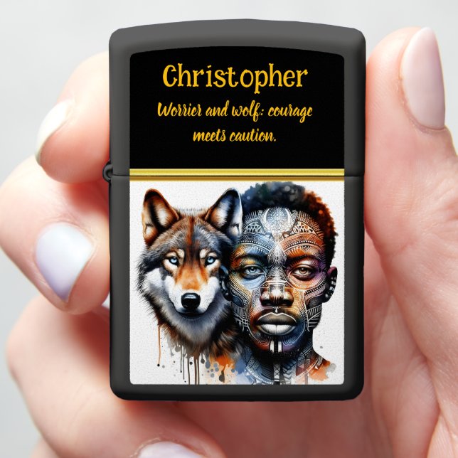 Merging worlds of man and wolf in vibrant art zippo lighter (In Hand)