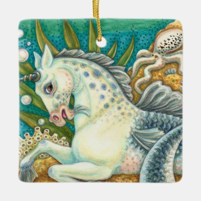 MERHORSE & WHITE OCTOPUS, FANTASY UNICORN HORSE CERAMIC ORNAMENT (Front)