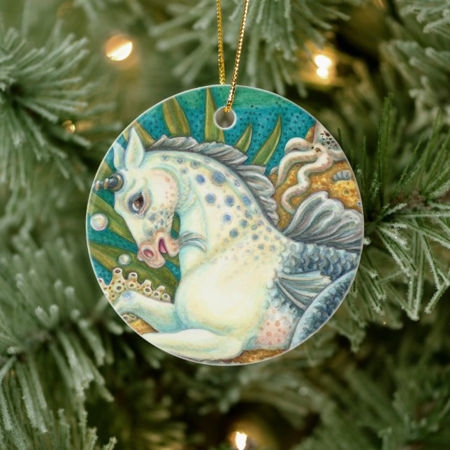 MERHORSE & WHITE OCTOPUS, FANTASY UNICORN HORSE CERAMIC ORNAMENT (Tree)